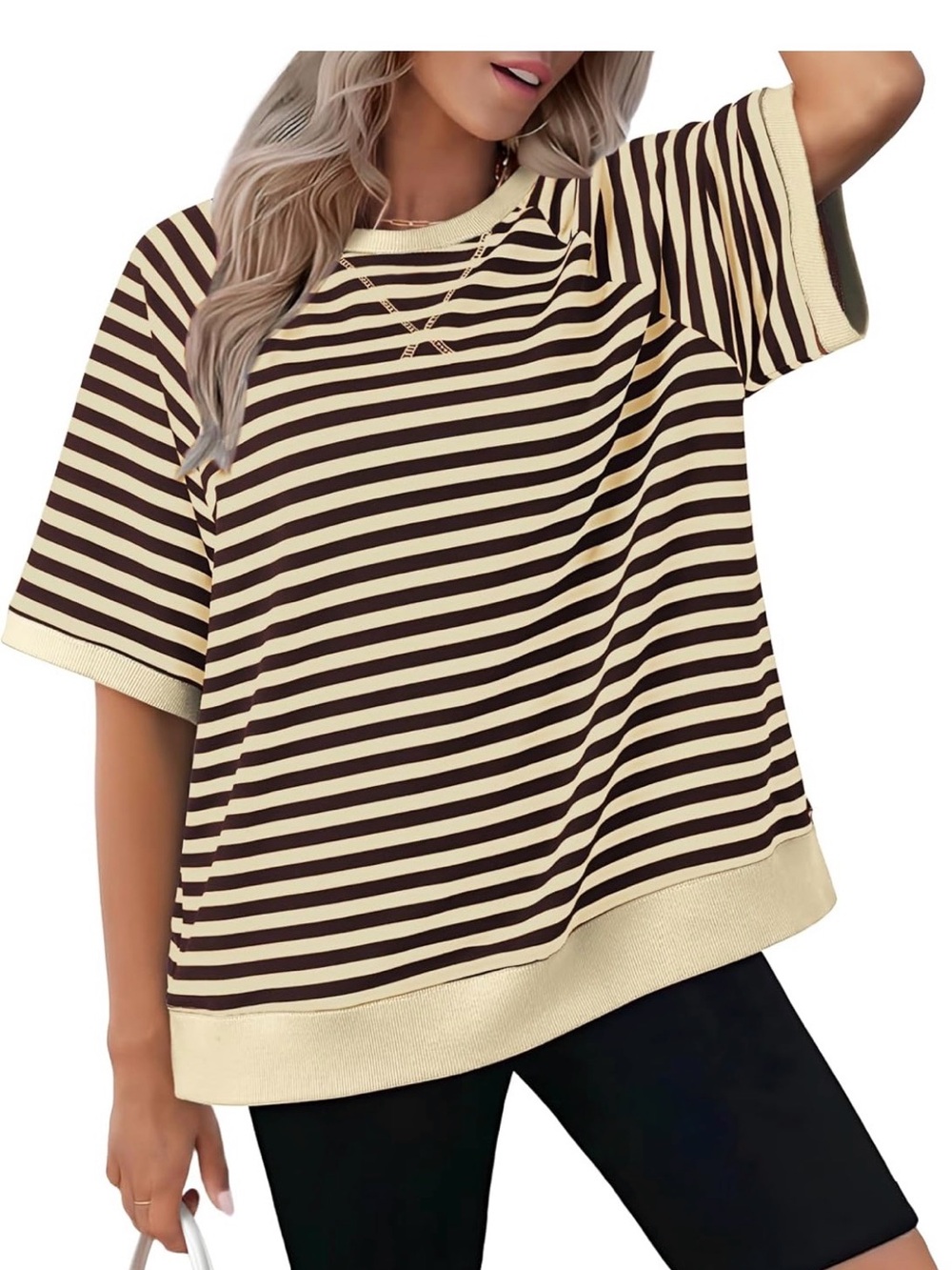 Oversized Stripe Short-Sleeve Top in Cream and Brown